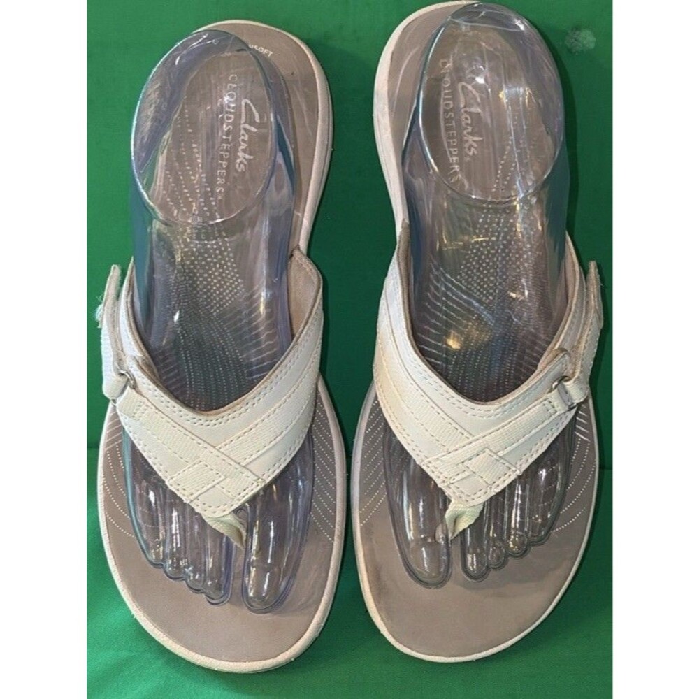 CLARKS Cloudsteppers White & Gray Flip Flop Sandals Women Size 9M Comfort Casual